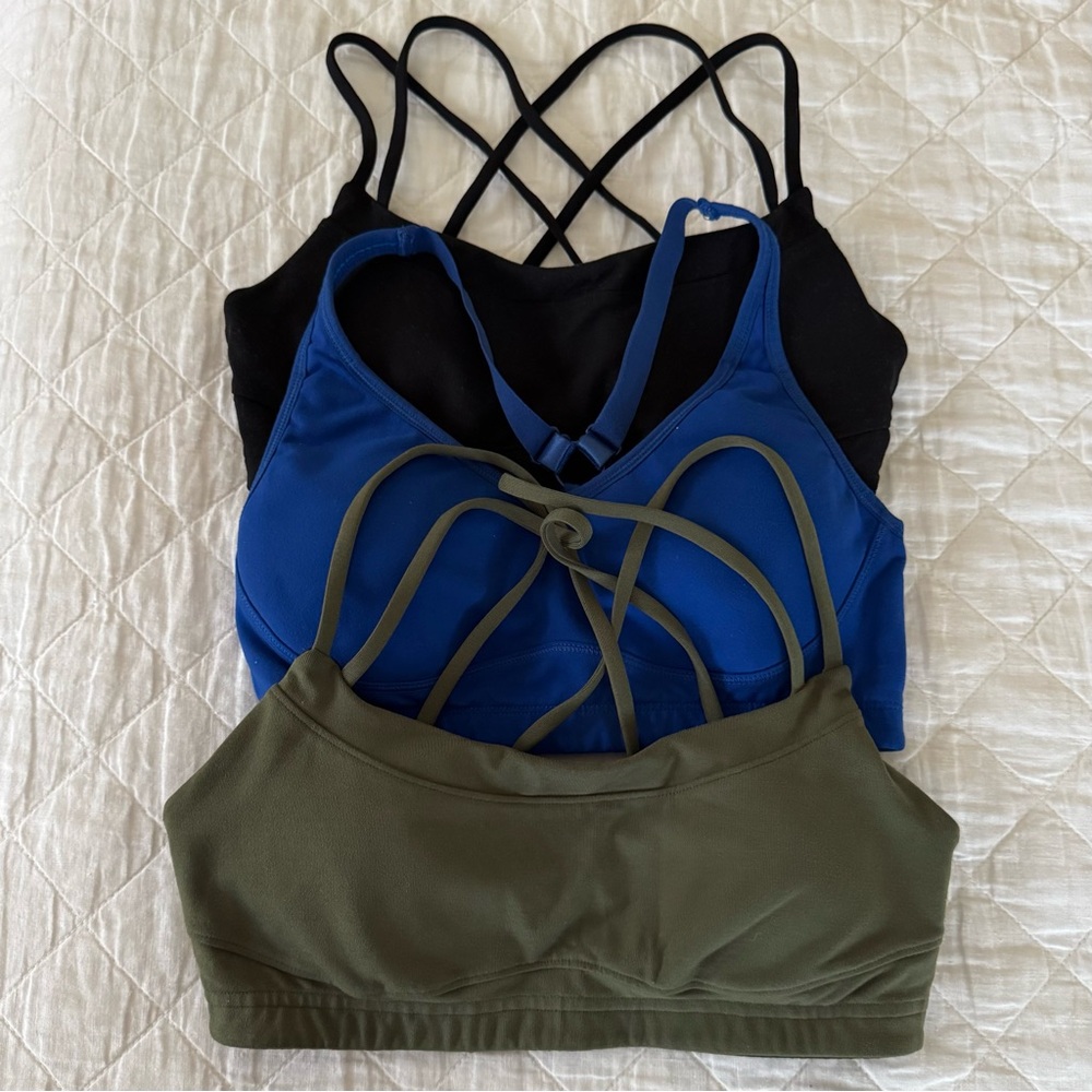 EUC Lucy Women's Strappy Sports Bra Trio 🧘‍♀️ Sz Small (army green/blue/black)